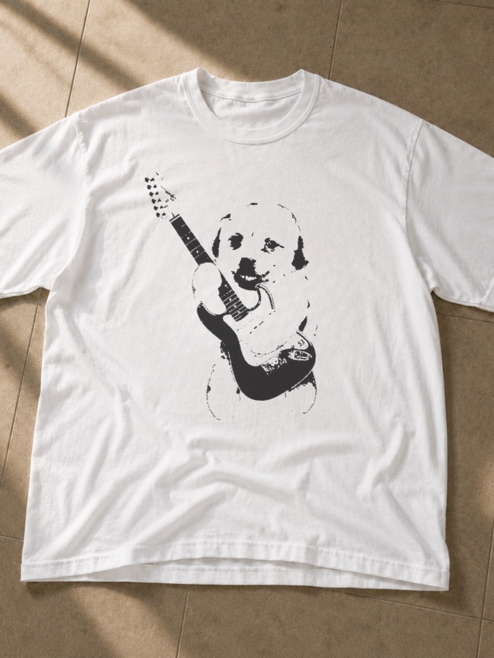 White Dog Guitar Graphic Pet Tee - Casual Dog Apparel 90s Size L